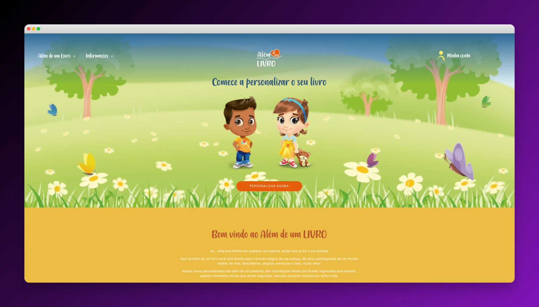 Site Além de um Livro - Plataforma de livros infantis personalizados com interface lúdica e colorida