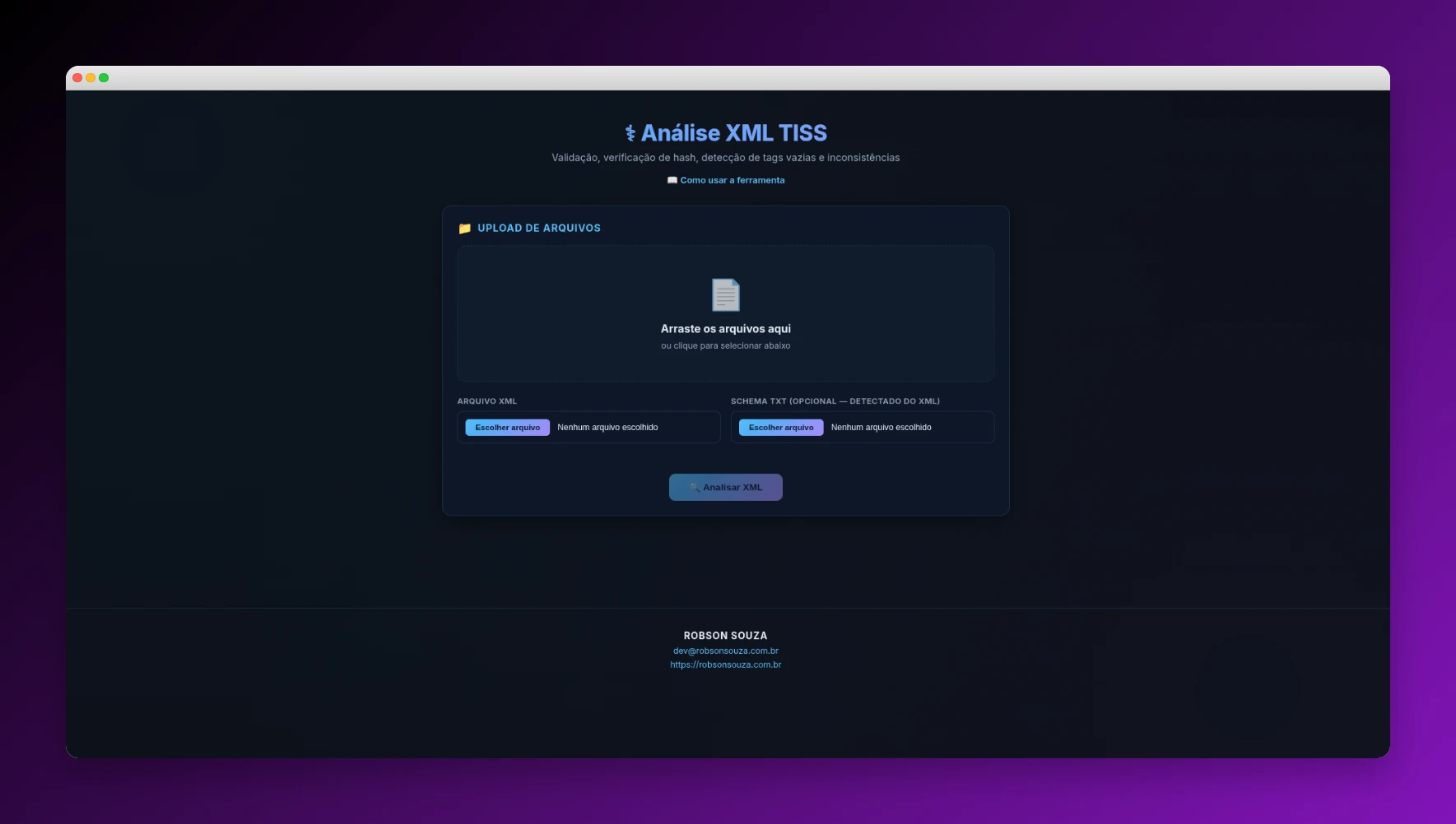 Ferramenta de análise XML TISS - Painel técnico com editor de código e relatórios de validação