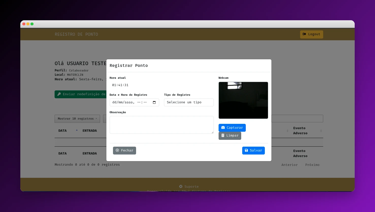 Sistema de Registro de Ponto - Modal com captura de webcam, data/hora e tipo de registro