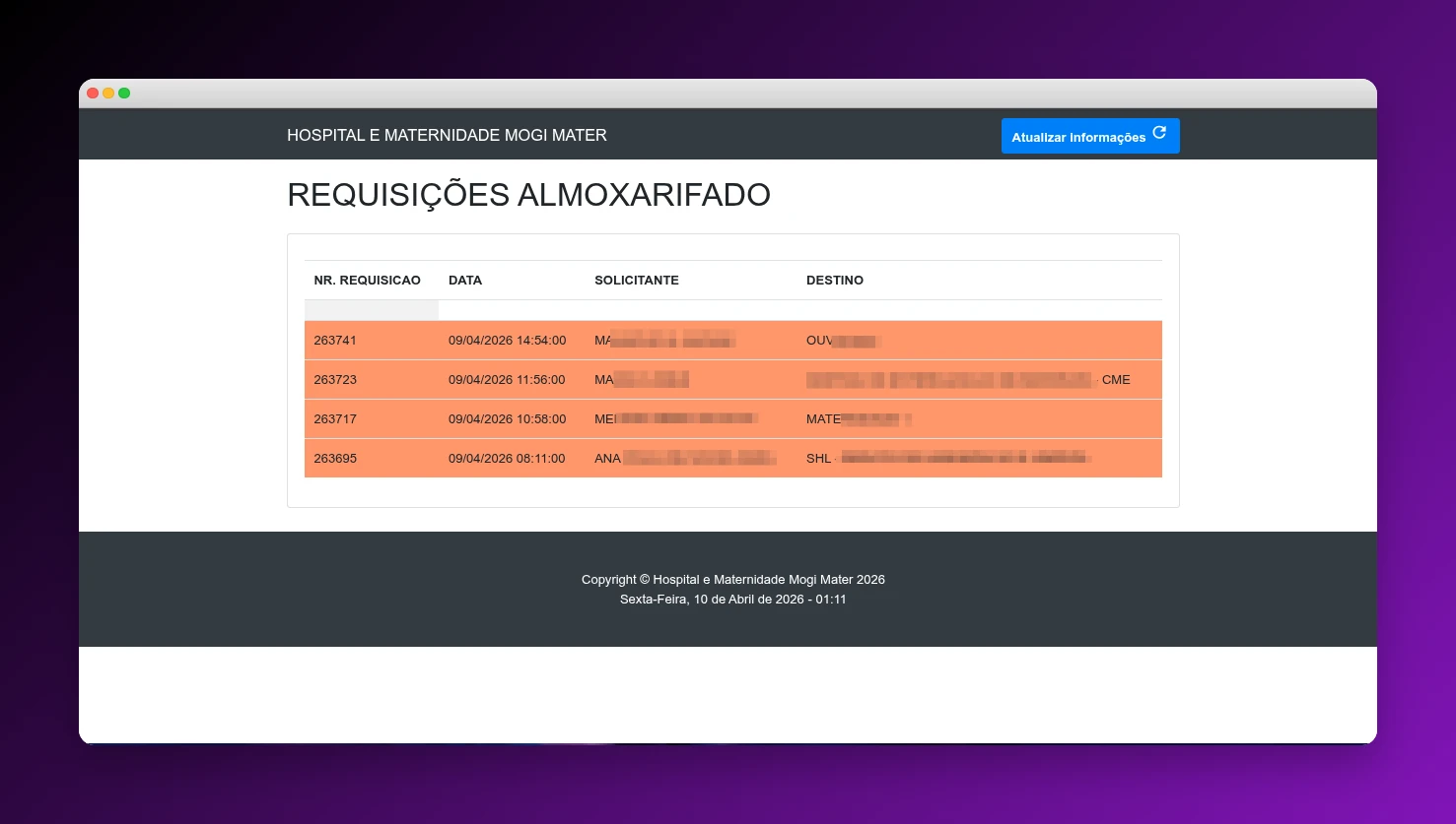 Requisições de Almoxarifado - Tabela com número de requisição, data, solicitante e destino