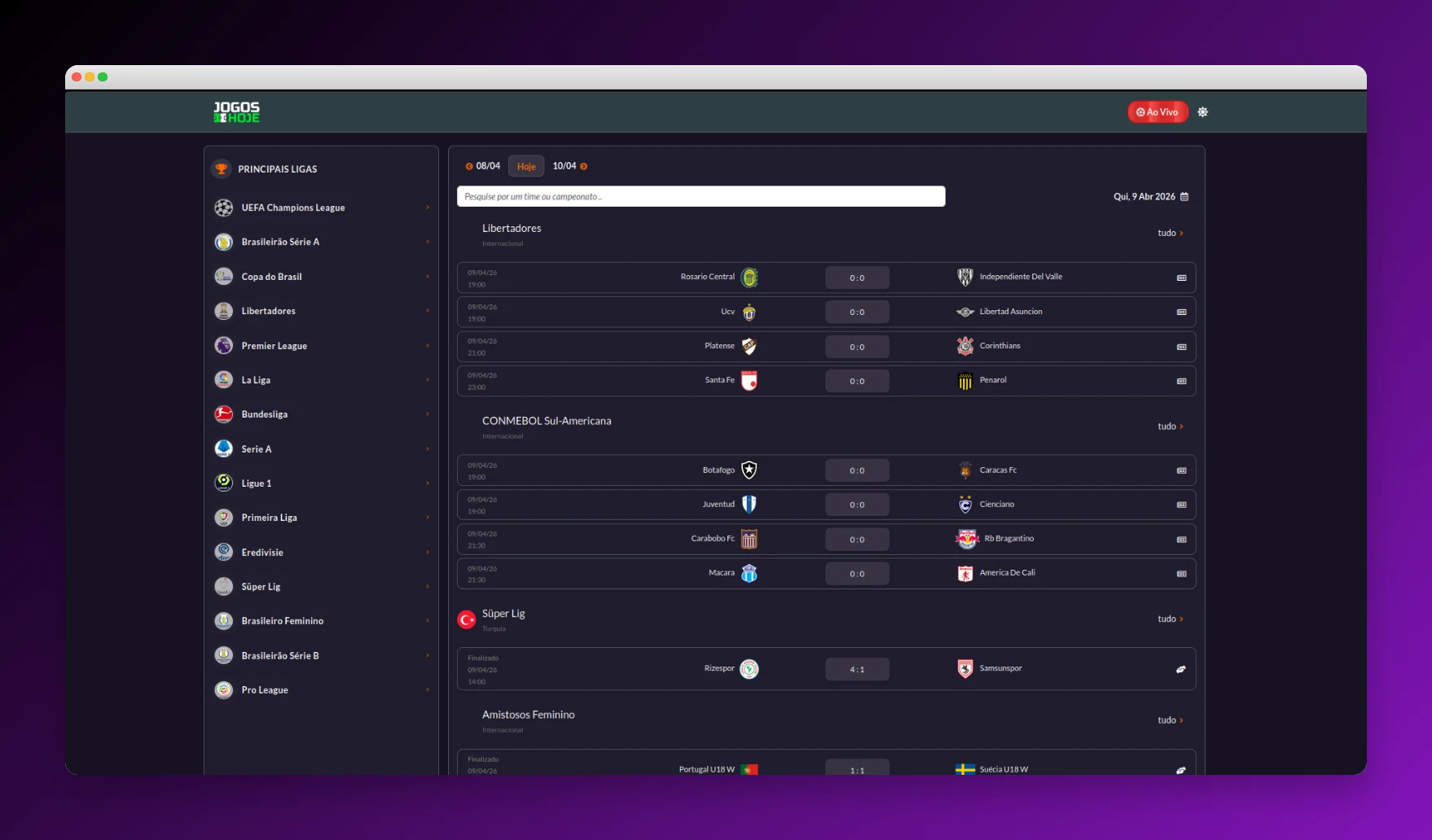 Futebol Hoje - Portal esportivo com calendário de jogos e acompanhamento de partidas ao vivo