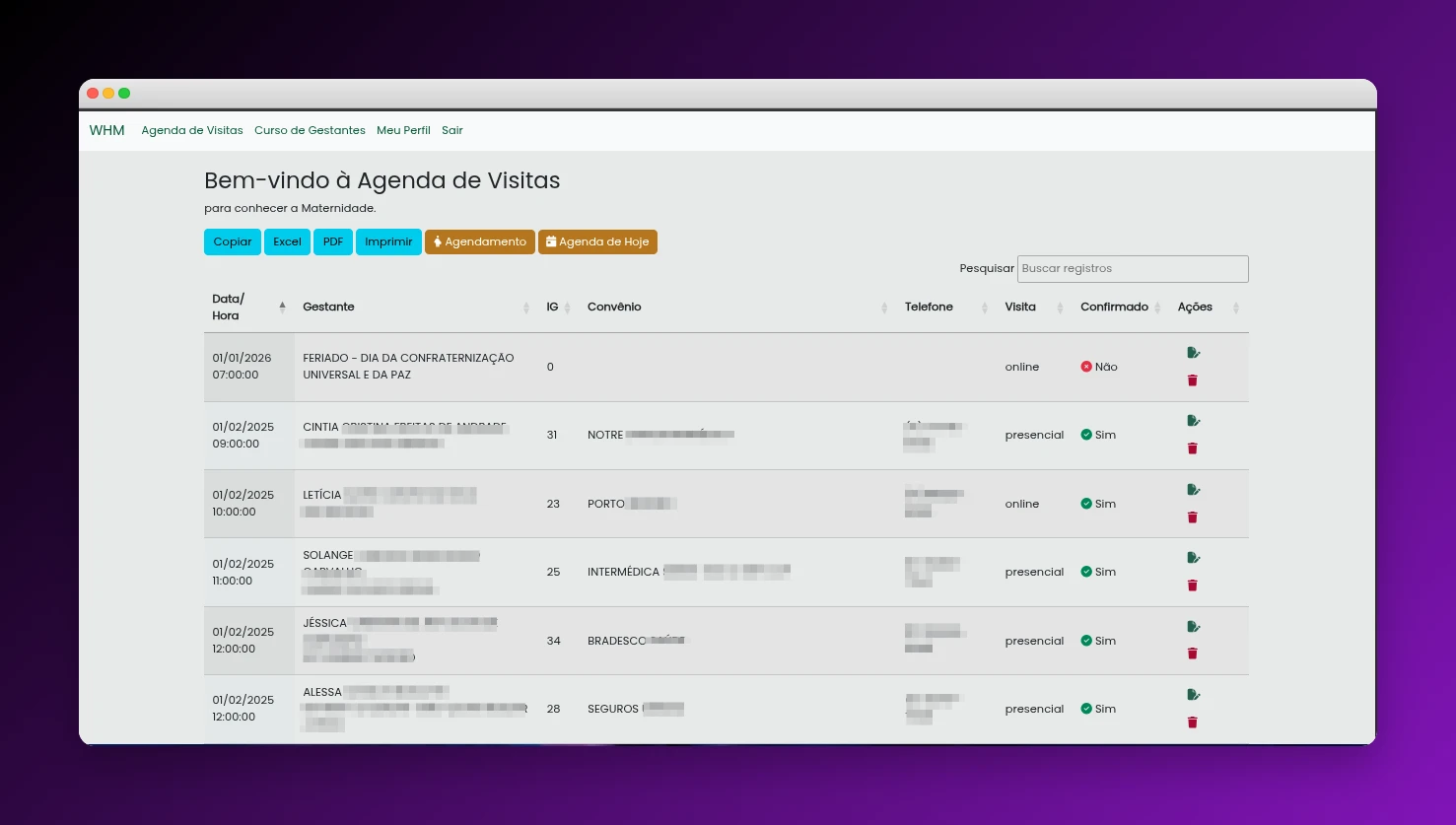 Agenda de Visitas - Tabela com data, gestante, convênio, tipo de visita e status de confirmação