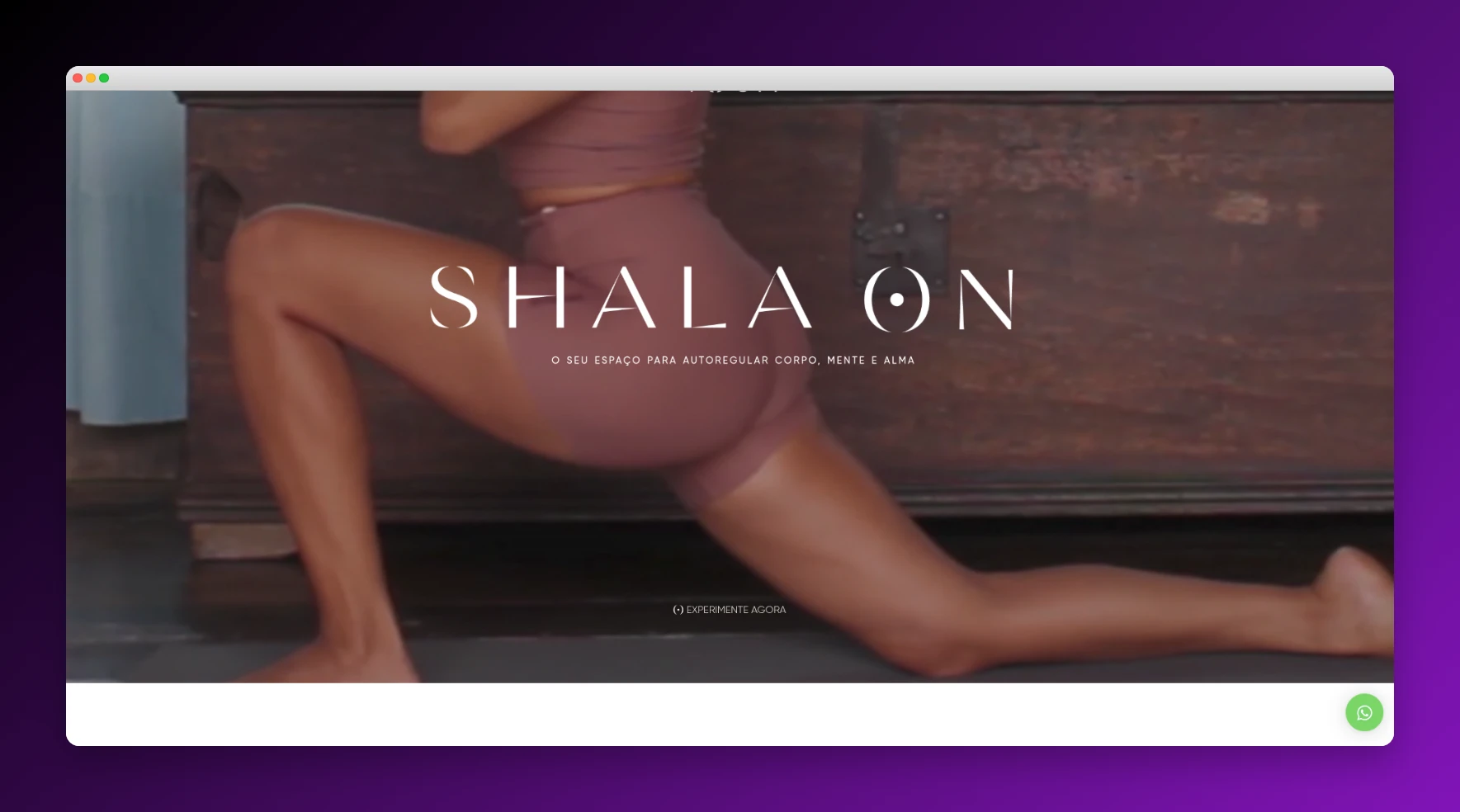 SHALA ON - Plataforma de yoga com hero image full-screen, tipografia elegante e botão de WhatsApp