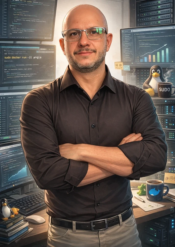 Robson Souza - Desenvolvedor fullstack em frente a múltiplos monitores com código, servidores e ícones de Linux e Docker ao fundo